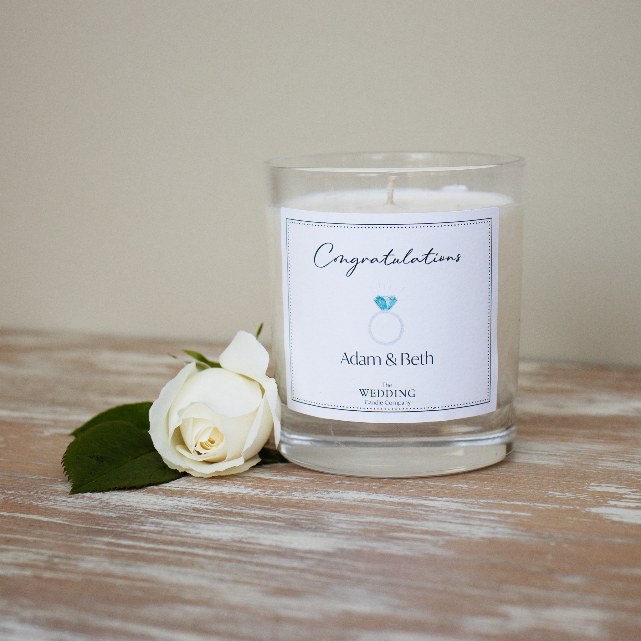 Personalised engagement gift. Silver ring wedding candle. The Wedding Candle Company.