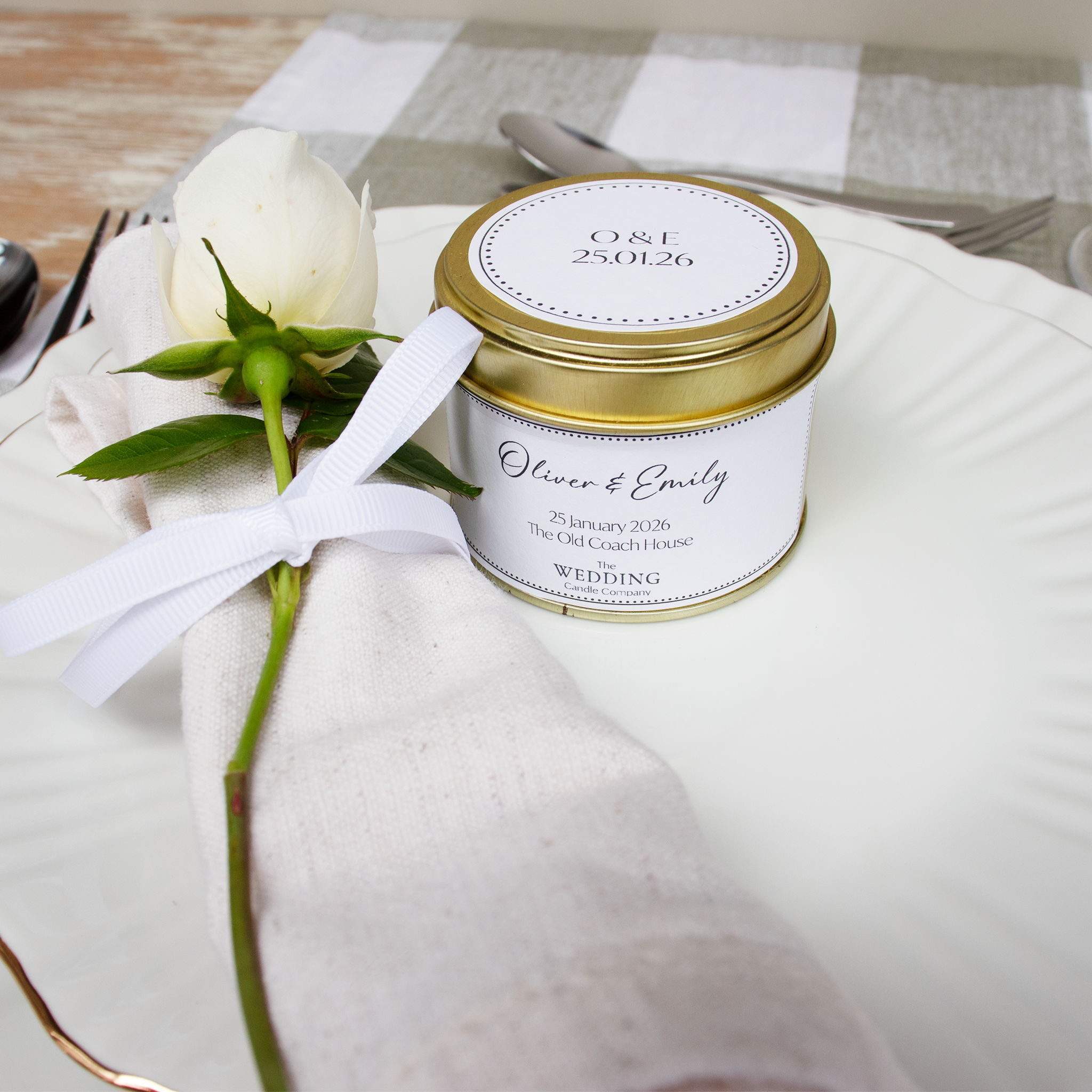 Personalised Wedding Favour. Wedding Candle place setting for wedding guests. The Wedding Candle Company.