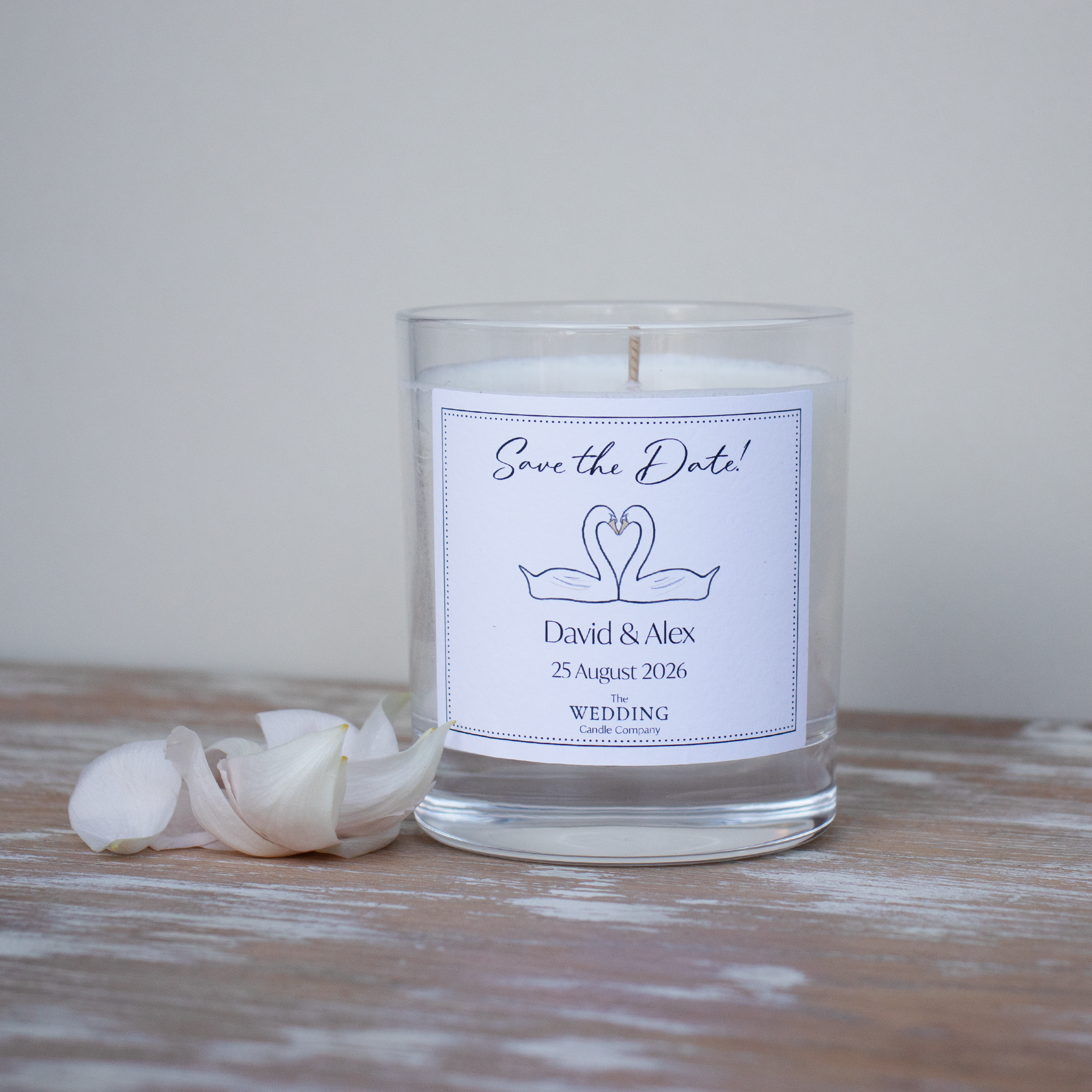 Personalised Save the Date gift. Swans, wedding candle. The Wedding Candle Company
