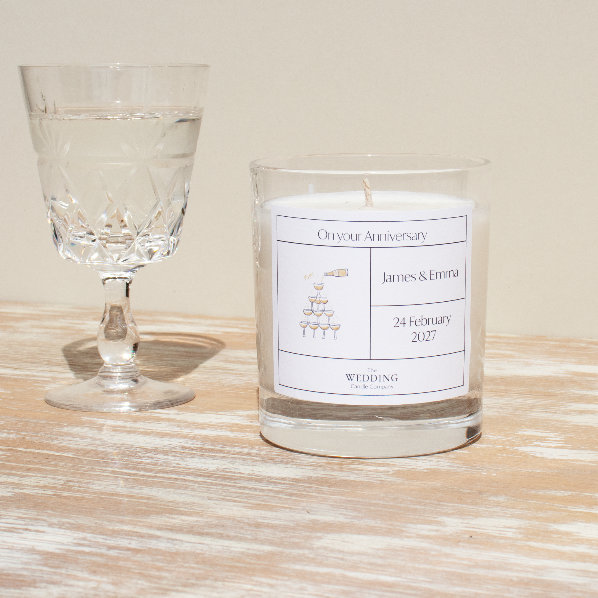 Personalised anniversary gift. Champagne, wedding candle. The Wedding Candle Company