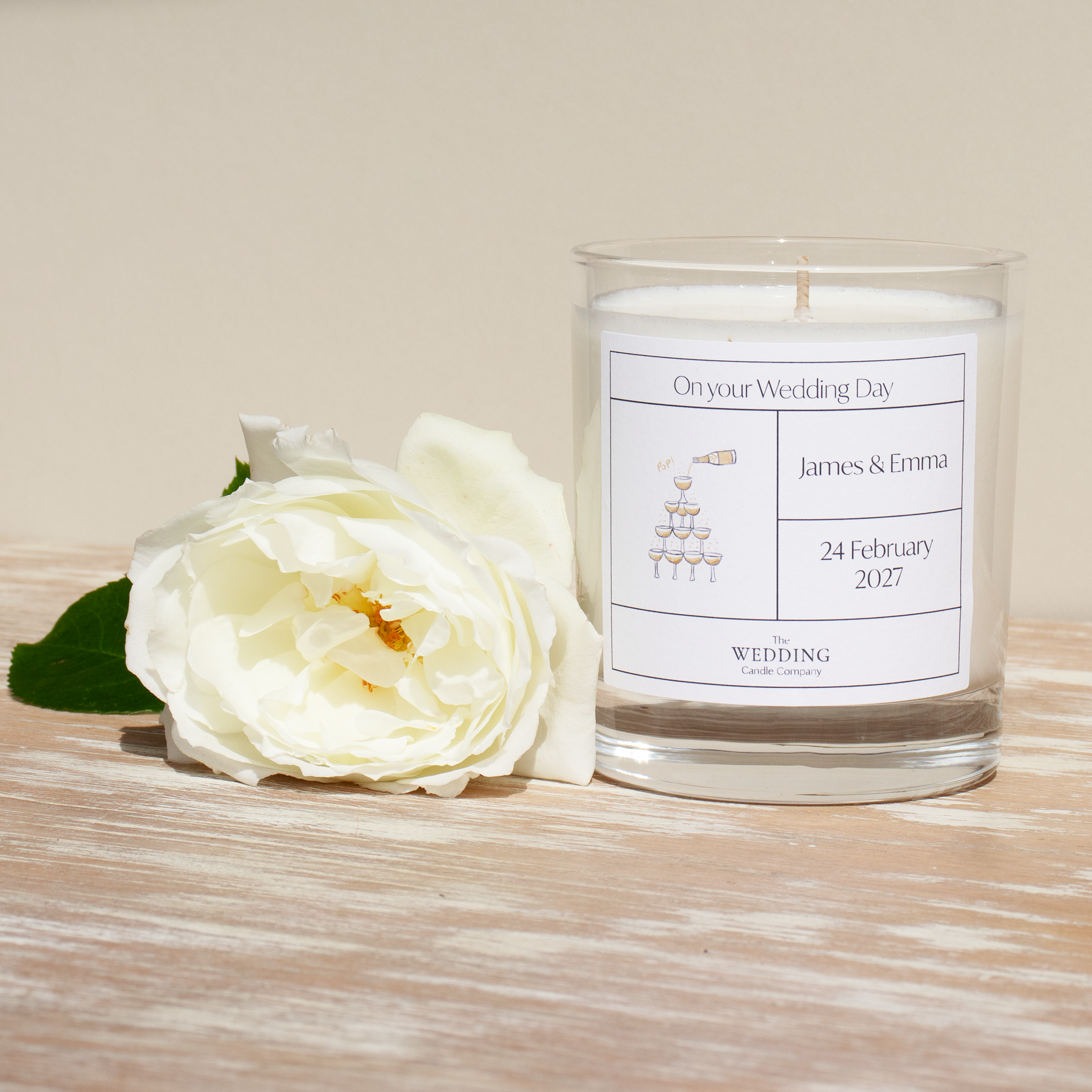 Champagne Wedding Day Candle. Personalised wedding gift. The Wedding Candle Company.