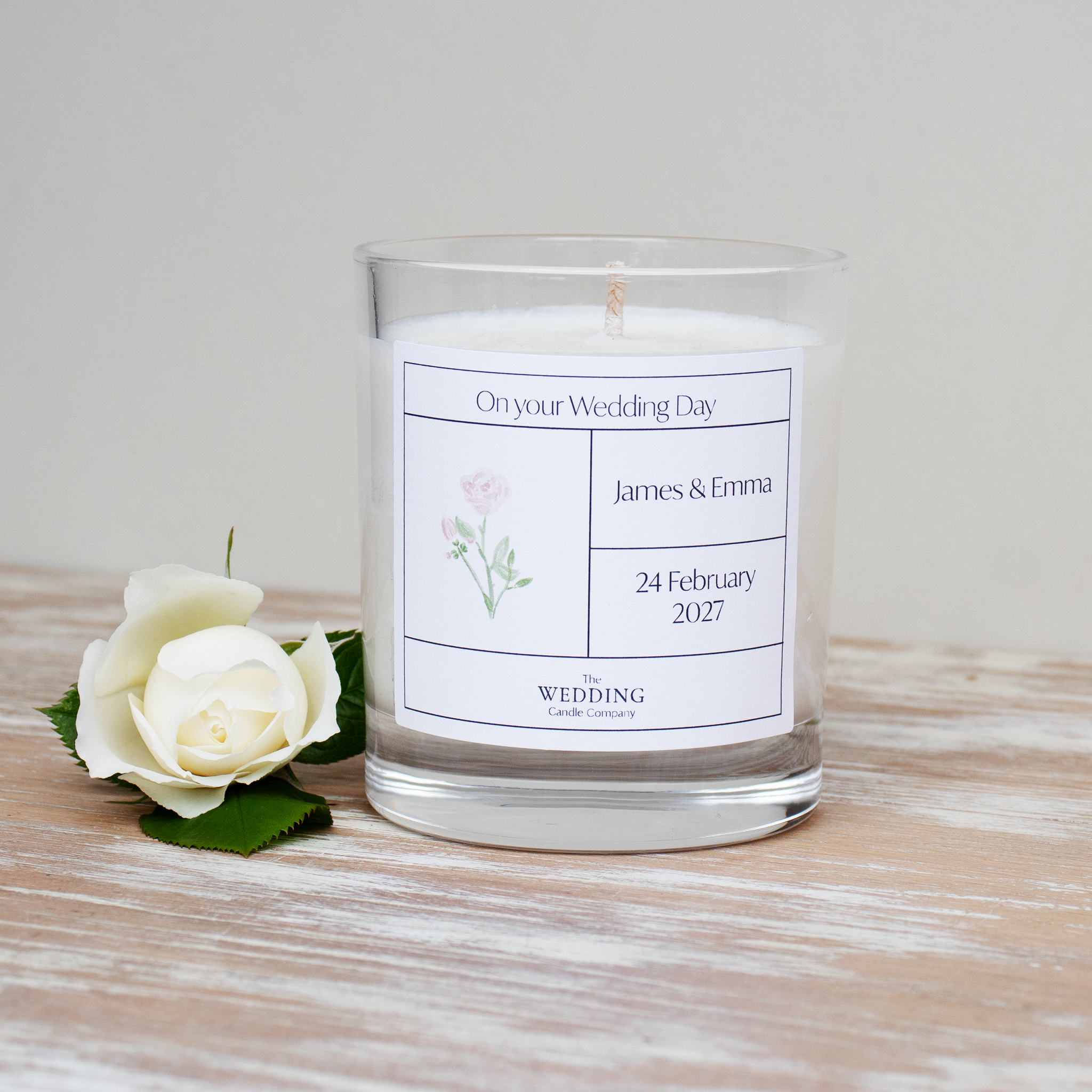 Rose Wedding Day Candle. Personalised wedding gift. The Wedding Candle Company.