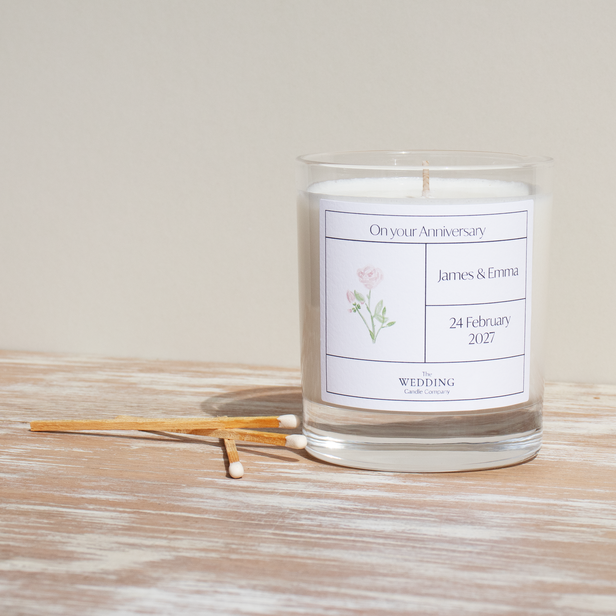 Personalised anniversary gift. Rose, wedding candle. The Wedding Candle Company