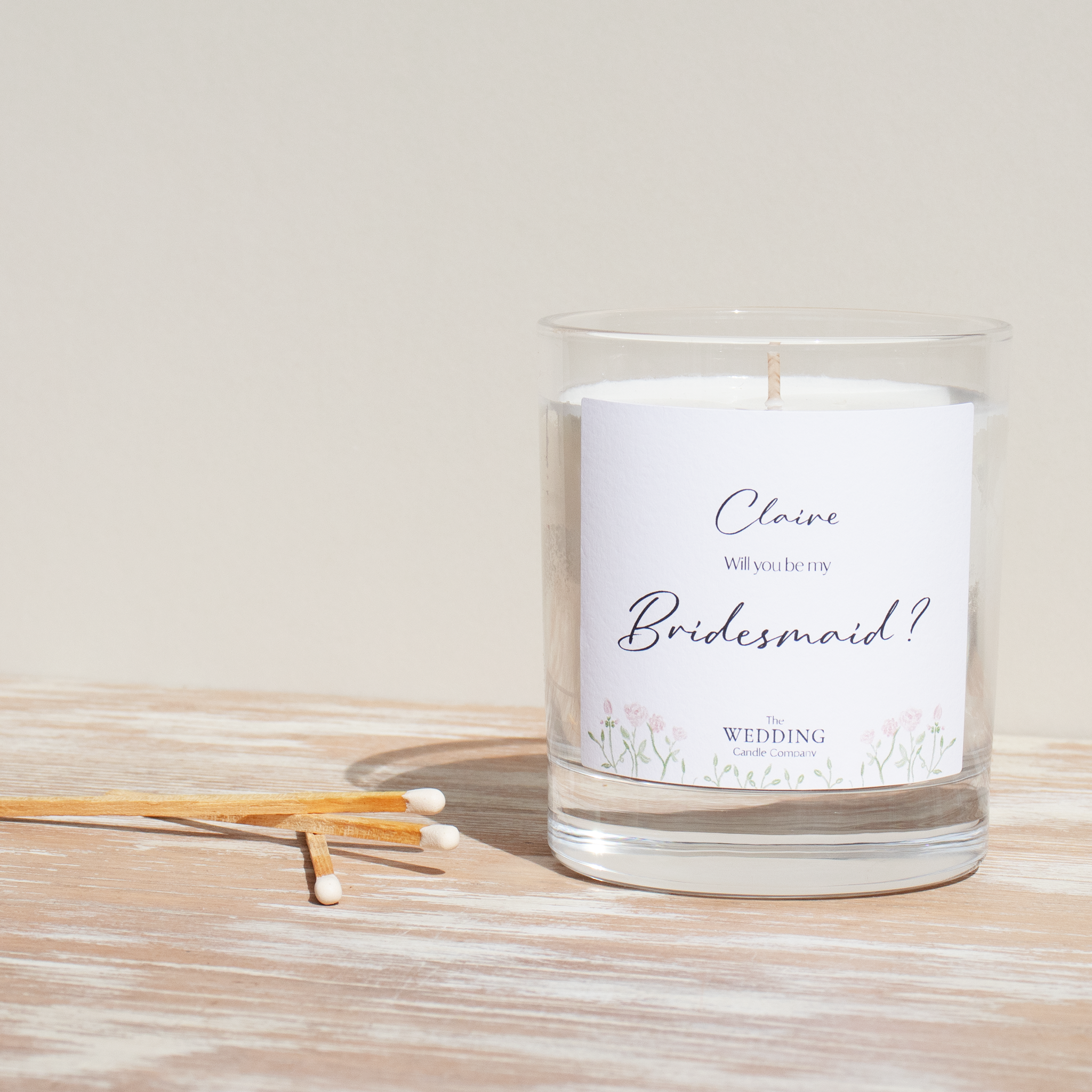 Personalised bridesmaid gift. Rose field, wedding candle. The Wedding Candle Company