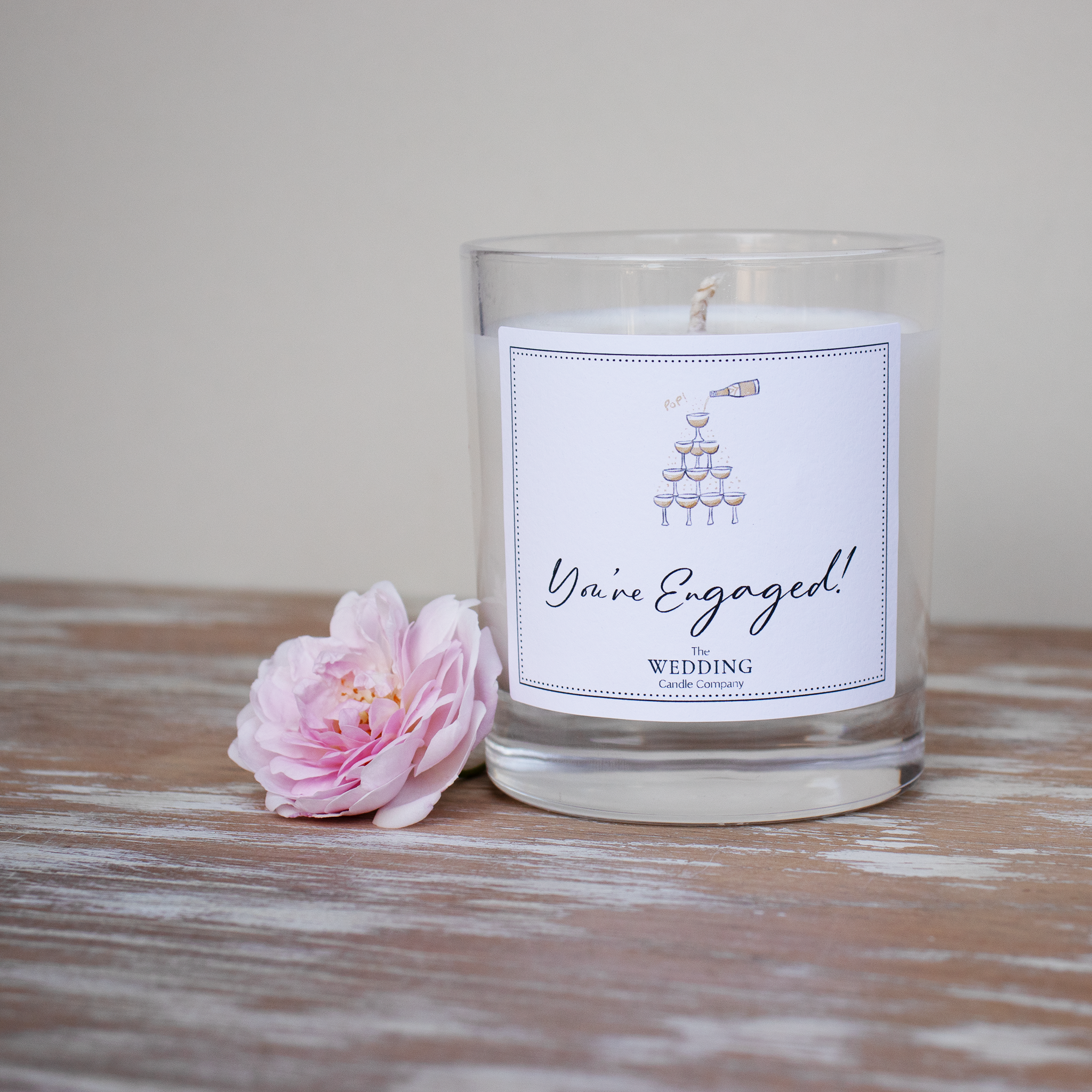 Personalised engagement gift. Champagne, wedding candle. The Wedding Candle Company.