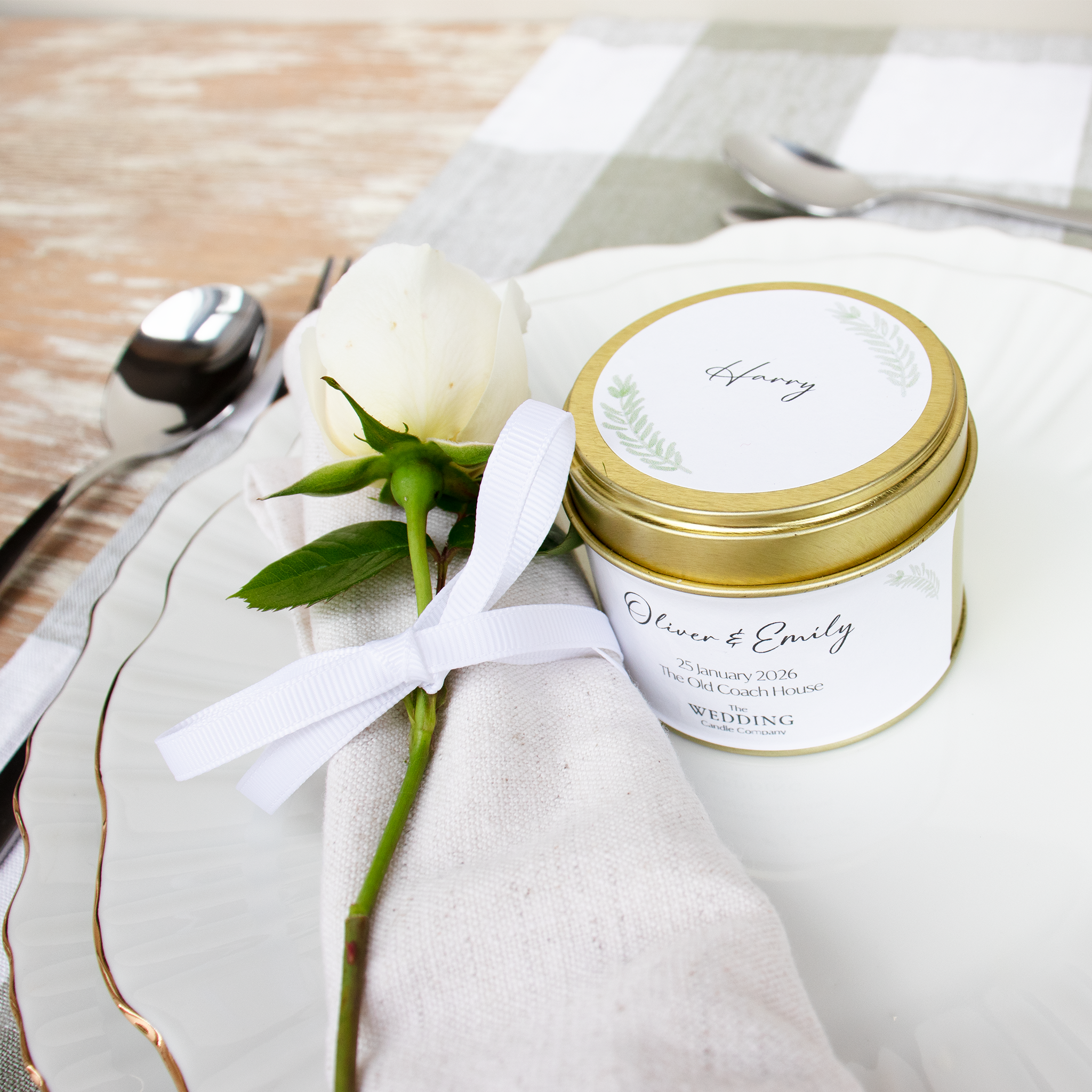 Personalised Wedding Favour. Wedding Candle place setting for wedding guests. The Wedding Candle Company.
