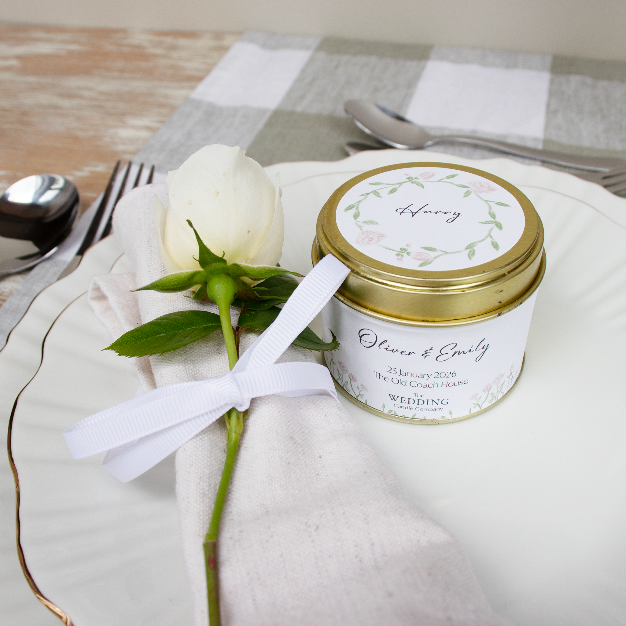 Personalised Wedding Favour. Wedding Candle place setting for wedding guests. The Wedding Candle Company.